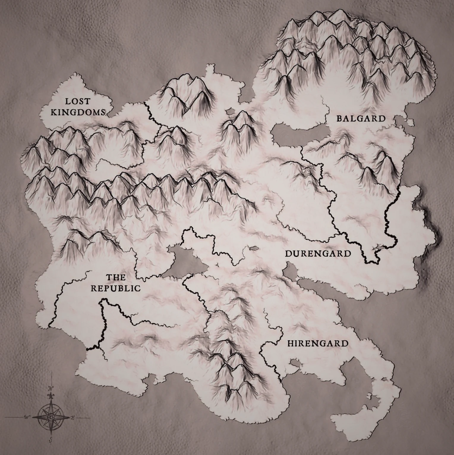 Mapa de Al'Thea con los Reinos Perdidos, la República, Balgard, Durengard e Hirengard.
